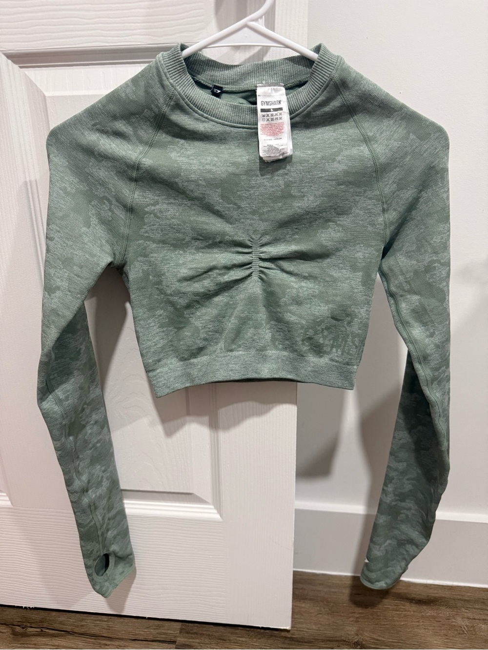 Gymshark Sage Green Ruched Cropped Long-Sleeve Top